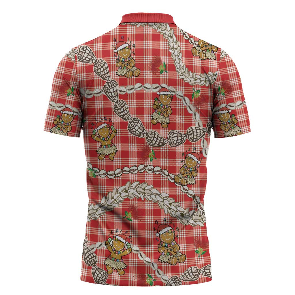 Red Palaka Hawaii Mele Kalikimaka Zipper Polo Shirt Ohia Lehua Shell Leis Funny Gingerbread Santa - Polynesian Pride