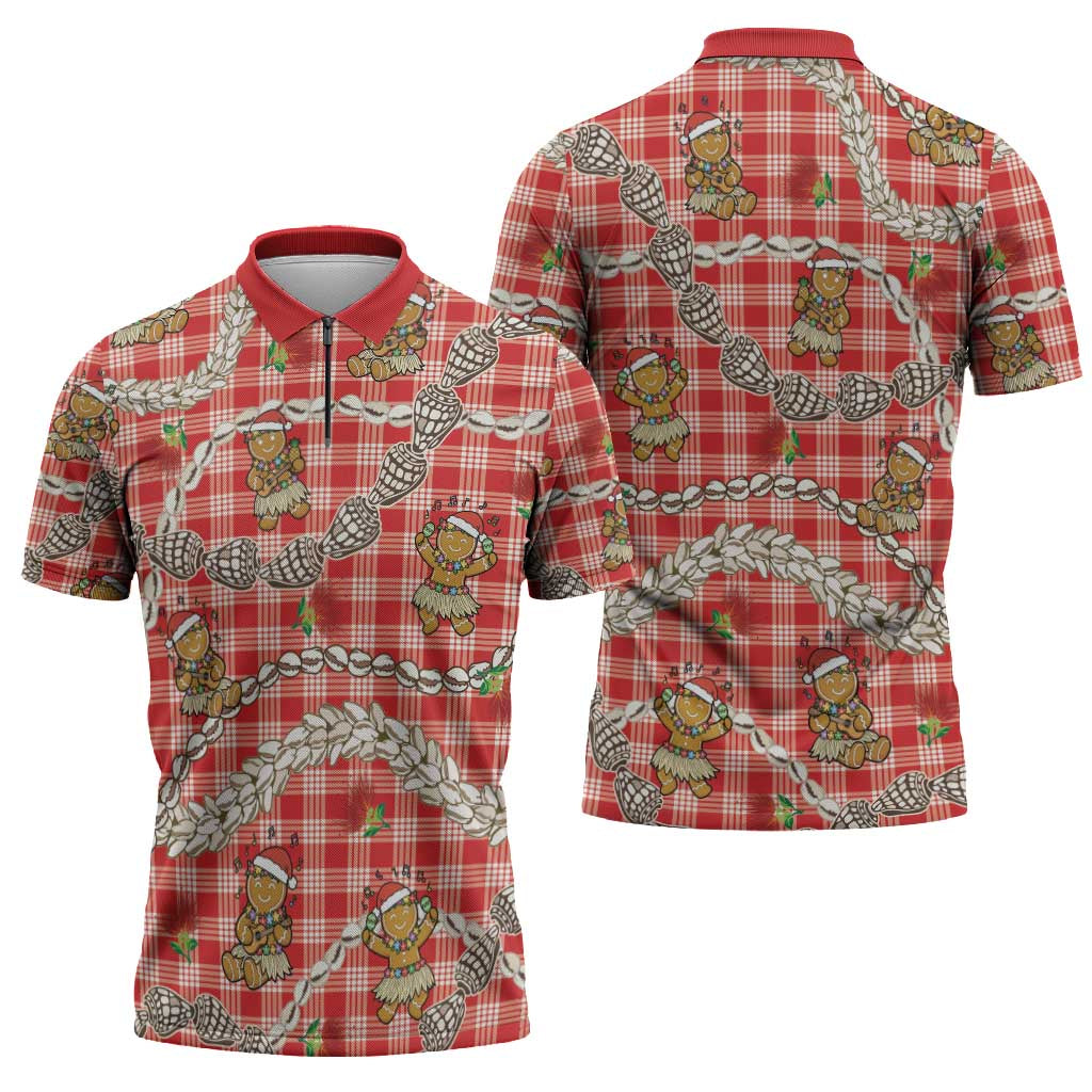 Red Palaka Hawaii Mele Kalikimaka Zipper Polo Shirt Ohia Lehua Shell Leis Funny Gingerbread Santa - Polynesian Pride