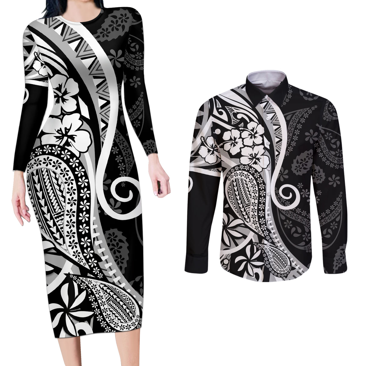 Black Polynesia Paisley Couples Matching Long Sleeve Bodycon Dress and Long Sleeve Button Shirt Polynesian With Tropical Flowers LT14 Black - Polynesian Pride