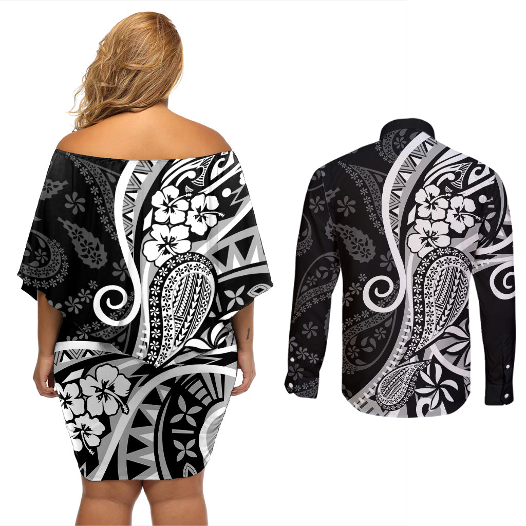Black Polynesia Paisley Couples Matching Off Shoulder Short Dress and Long Sleeve Button Shirt Polynesian With Tropical Flowers LT14 - Polynesian Pride