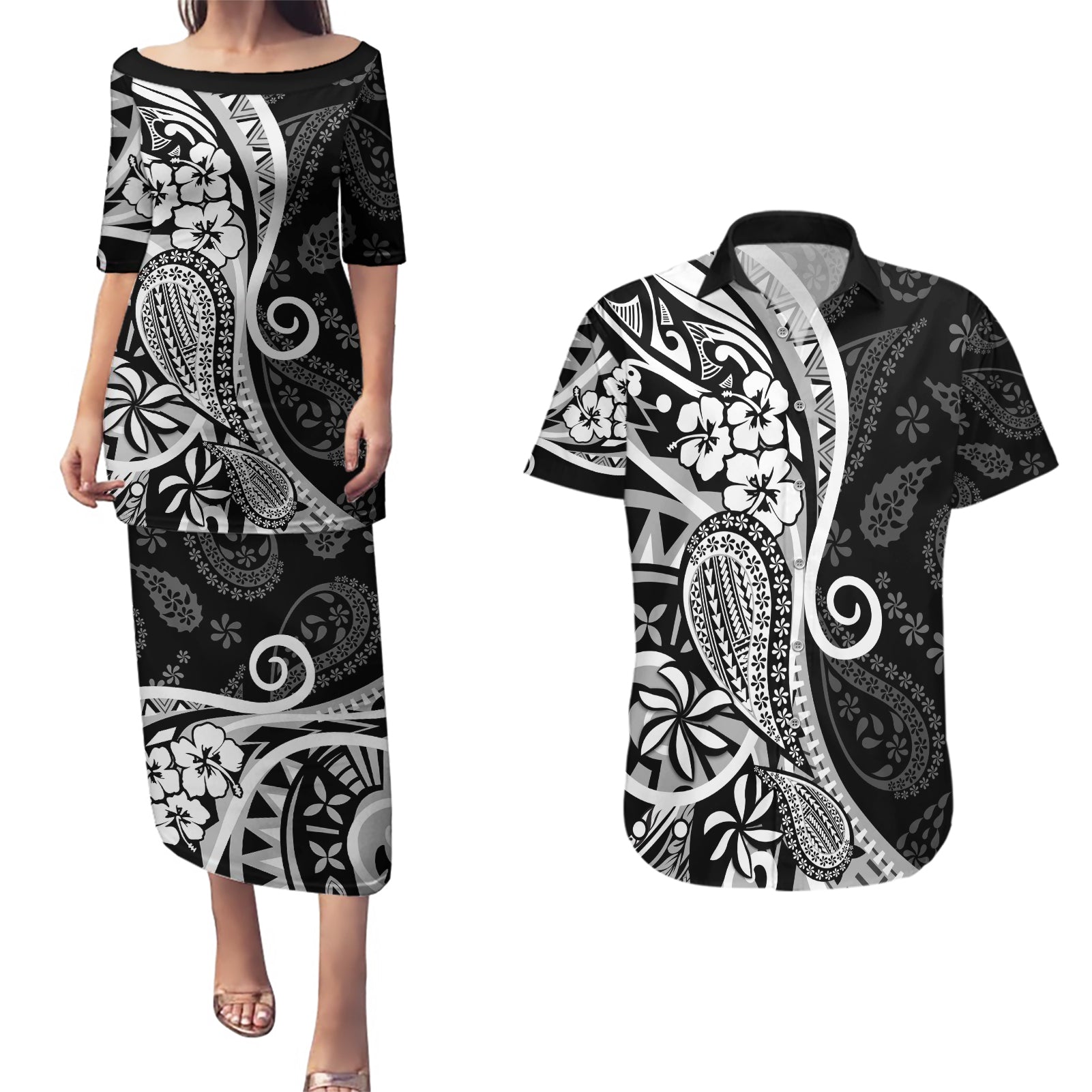 Black Polynesia Paisley Couples Matching Puletasi Dress and Hawaiian Shirt Polynesian With Tropical Flowers LT14 Black - Polynesian Pride