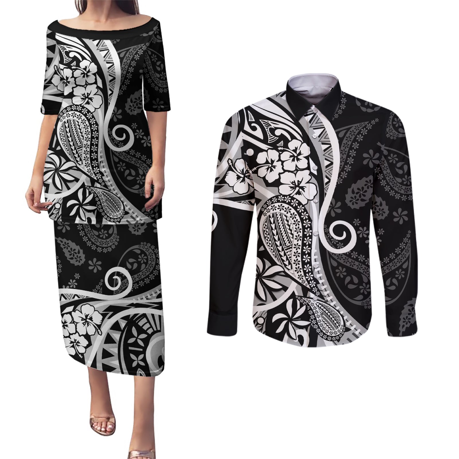 Black Polynesia Paisley Couples Matching Puletasi Dress and Long Sleeve Button Shirt Polynesian With Tropical Flowers LT14 Black - Polynesian Pride