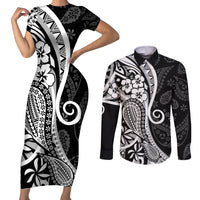 Black Polynesia Paisley Couples Matching Short Sleeve Bodycon Dress and Long Sleeve Button Shirt Polynesian With Tropical Flowers LT14 Black - Polynesian Pride