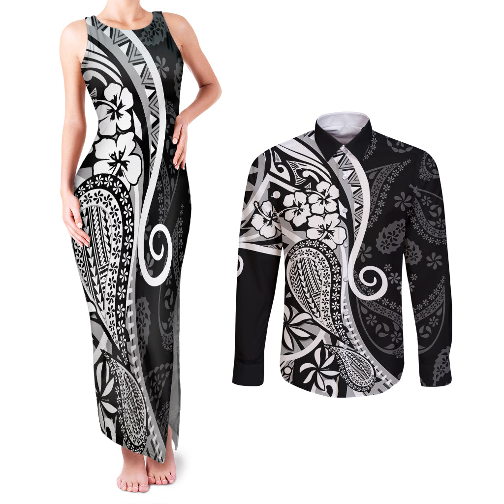 Black Polynesia Paisley Couples Matching Tank Maxi Dress and Long Sleeve Button Shirt Polynesian With Tropical Flowers LT14 Black - Polynesian Pride