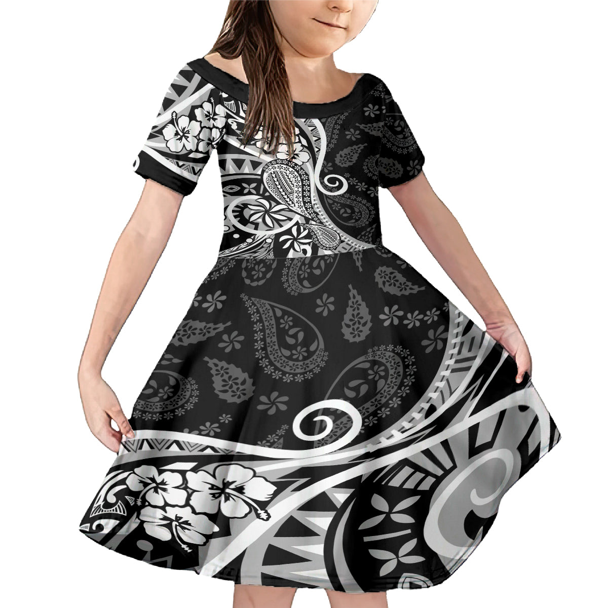 Black Polynesia Paisley Family Matching Mermaid Dress and Hawaiian Shirt Polynesian With Tropical Flowers LT14 Daughter's Dress Black - Polynesian Pride