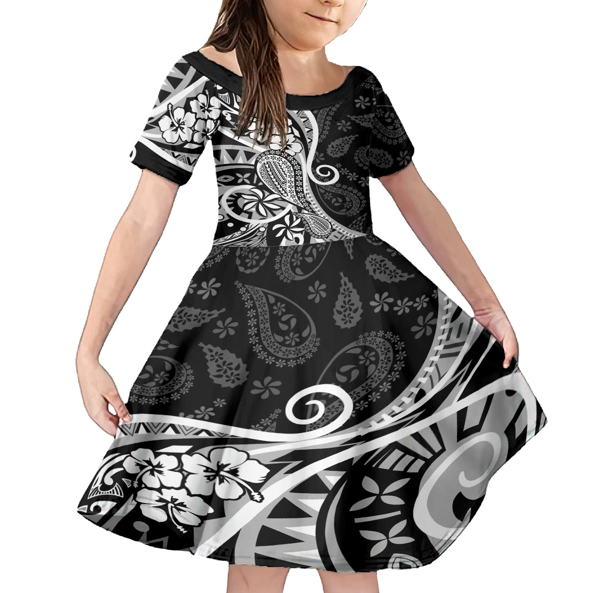 Black Polynesia Paisley Family Matching Off Shoulder Maxi Dress and Hawaiian Shirt Polynesian With Tropical Flowers LT14 Daughter's Dress Black - Polynesian Pride