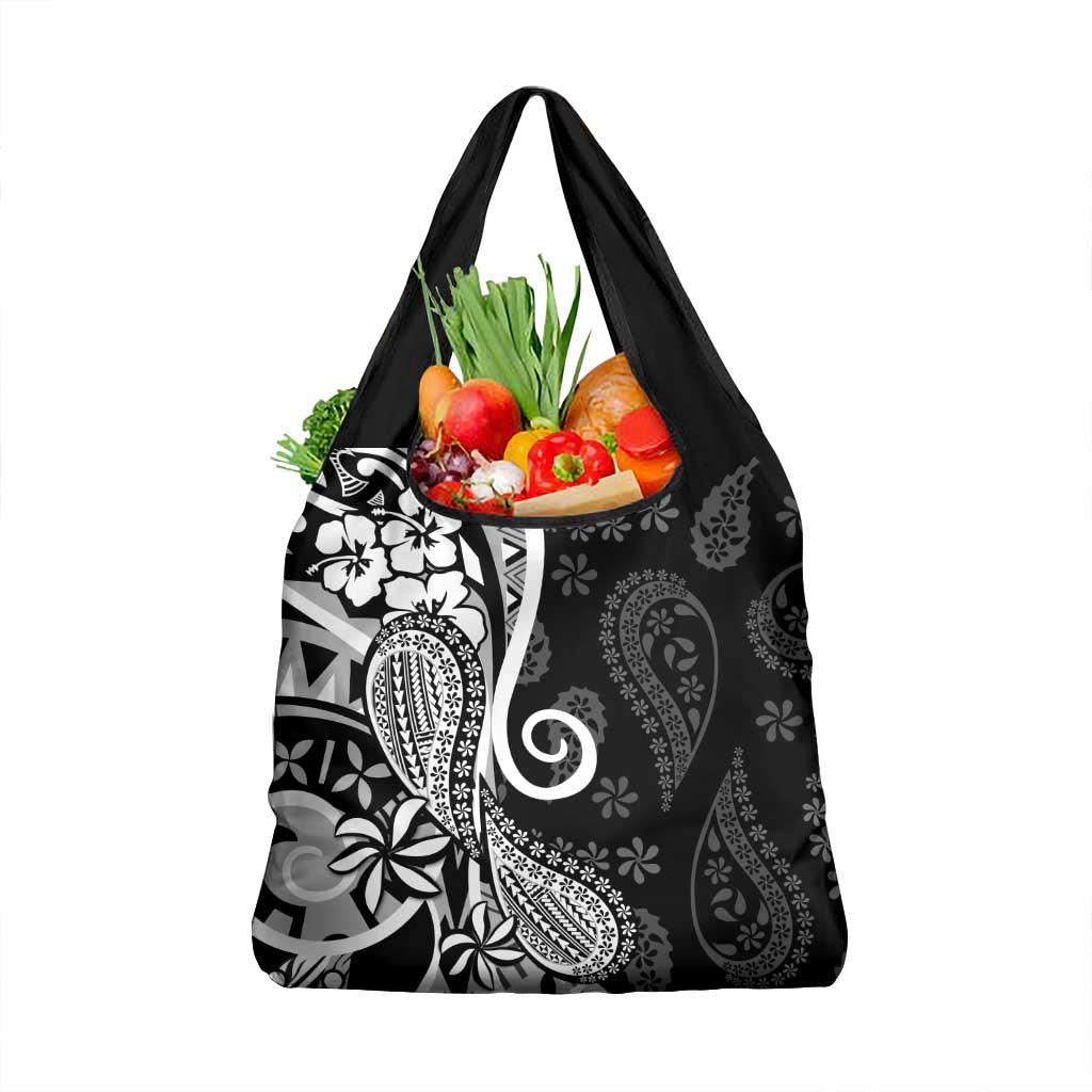 Black Polynesia Paisley Grocery Bag Polynesian With Tropical Flowers