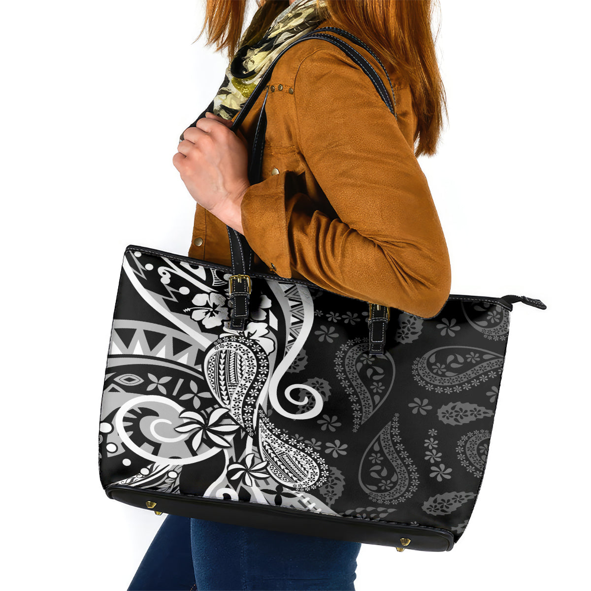 Black Polynesia Paisley Leather Tote Bag Polynesian With Tropical Flowers LT14 Black - Polynesian Pride