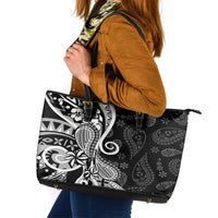 Black Polynesia Paisley Leather Tote Bag Polynesian With Tropical Flowers LT14 Black - Polynesian Pride