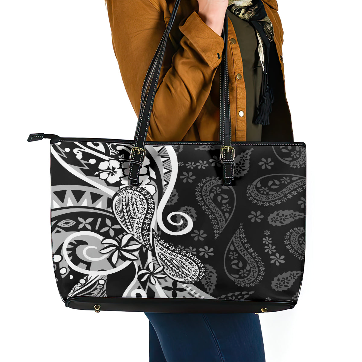 Black Polynesia Paisley Leather Tote Bag Polynesian With Tropical Flowers LT14 - Polynesian Pride