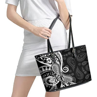 Black Polynesia Paisley Leather Tote Bag Polynesian With Tropical Flowers LT14 - Polynesian Pride