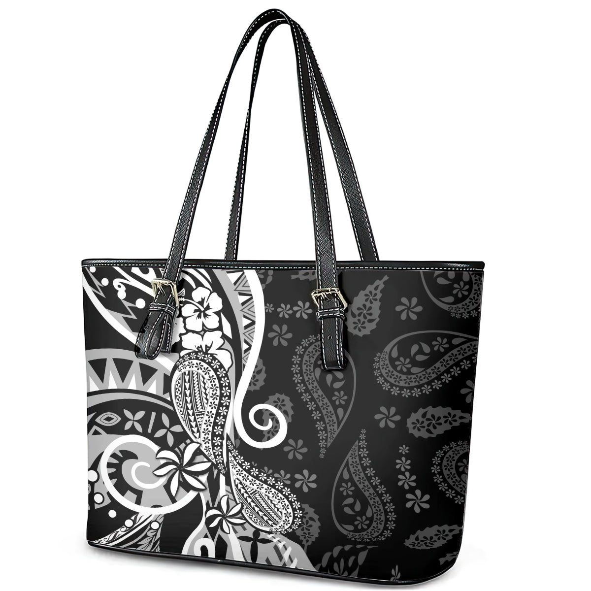 Black Polynesia Paisley Leather Tote Bag Polynesian With Tropical Flowers LT14 - Polynesian Pride