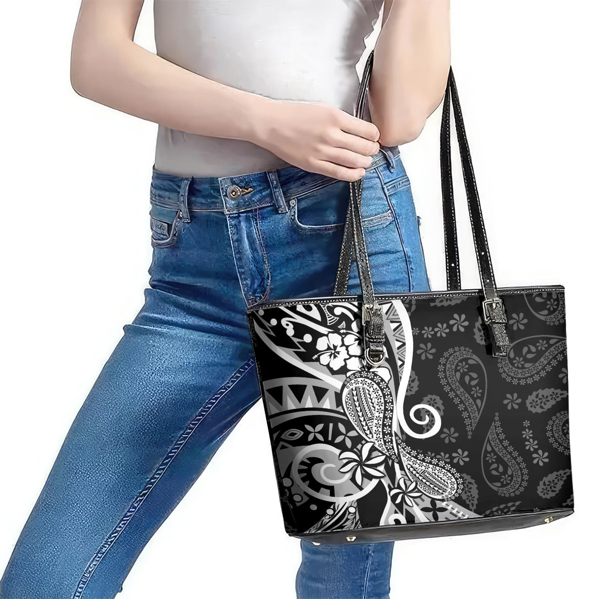 Black Polynesia Paisley Leather Tote Bag Polynesian With Tropical Flowers LT14 - Polynesian Pride