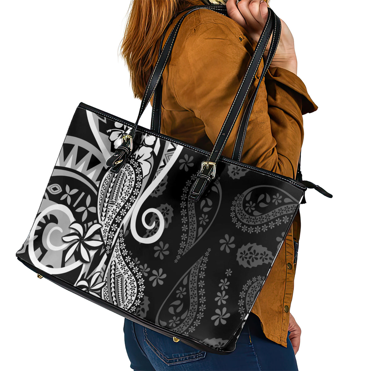 Black Polynesia Paisley Leather Tote Bag Polynesian With Tropical Flowers LT14 - Polynesian Pride