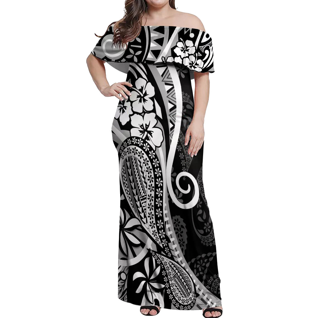 Black Polynesia Paisley Off Shoulder Maxi Dress Polynesian With Tropical Flowers LT14 Women Black - Polynesian Pride