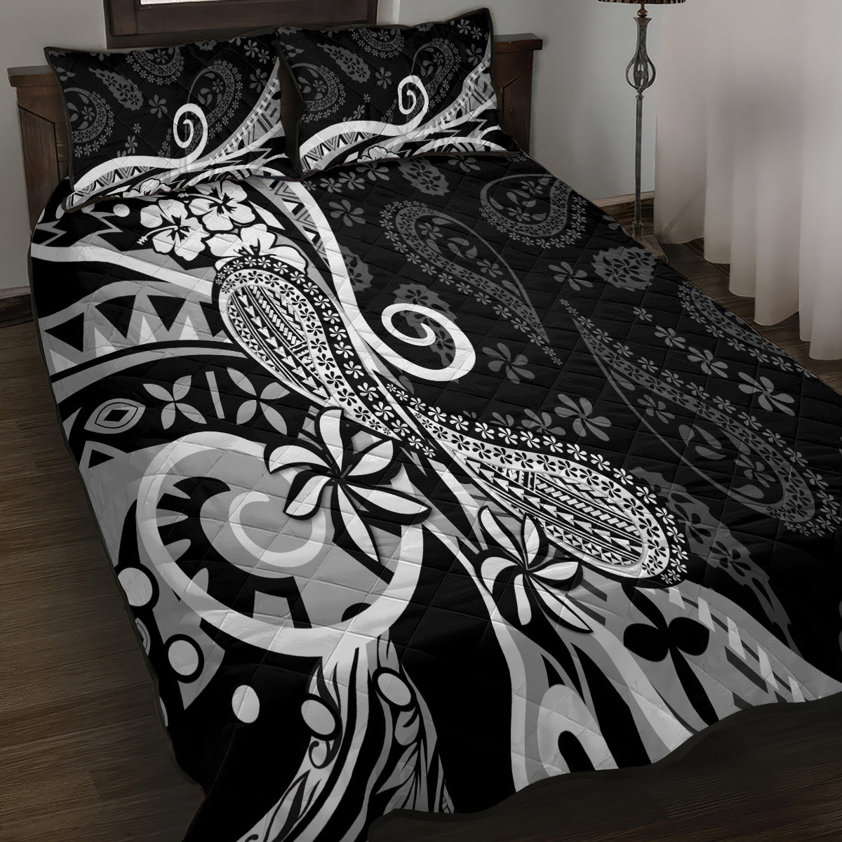 Black Polynesia Paisley Quilt Bed Set Polynesian With Tropical Flowers LT14 - Polynesian Pride