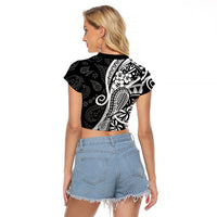 Black Polynesia Paisley Raglan Cropped T Shirt Polynesian With Tropical Flowers LT14 - Polynesian Pride
