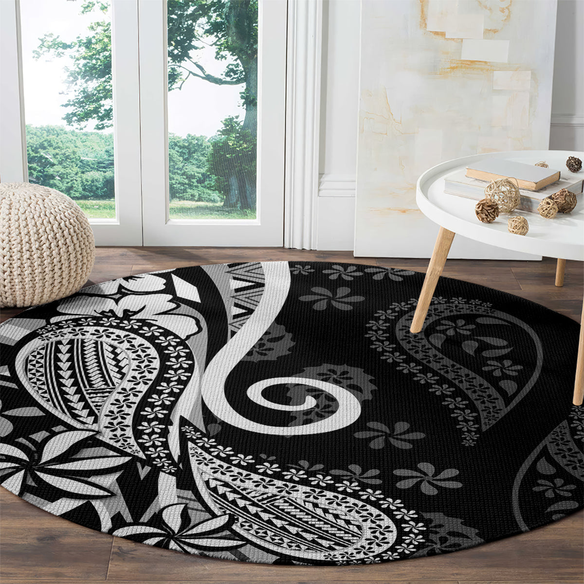 Black Polynesia Paisley Round Carpet Polynesian With Tropical Flowers LT14 - Polynesian Pride