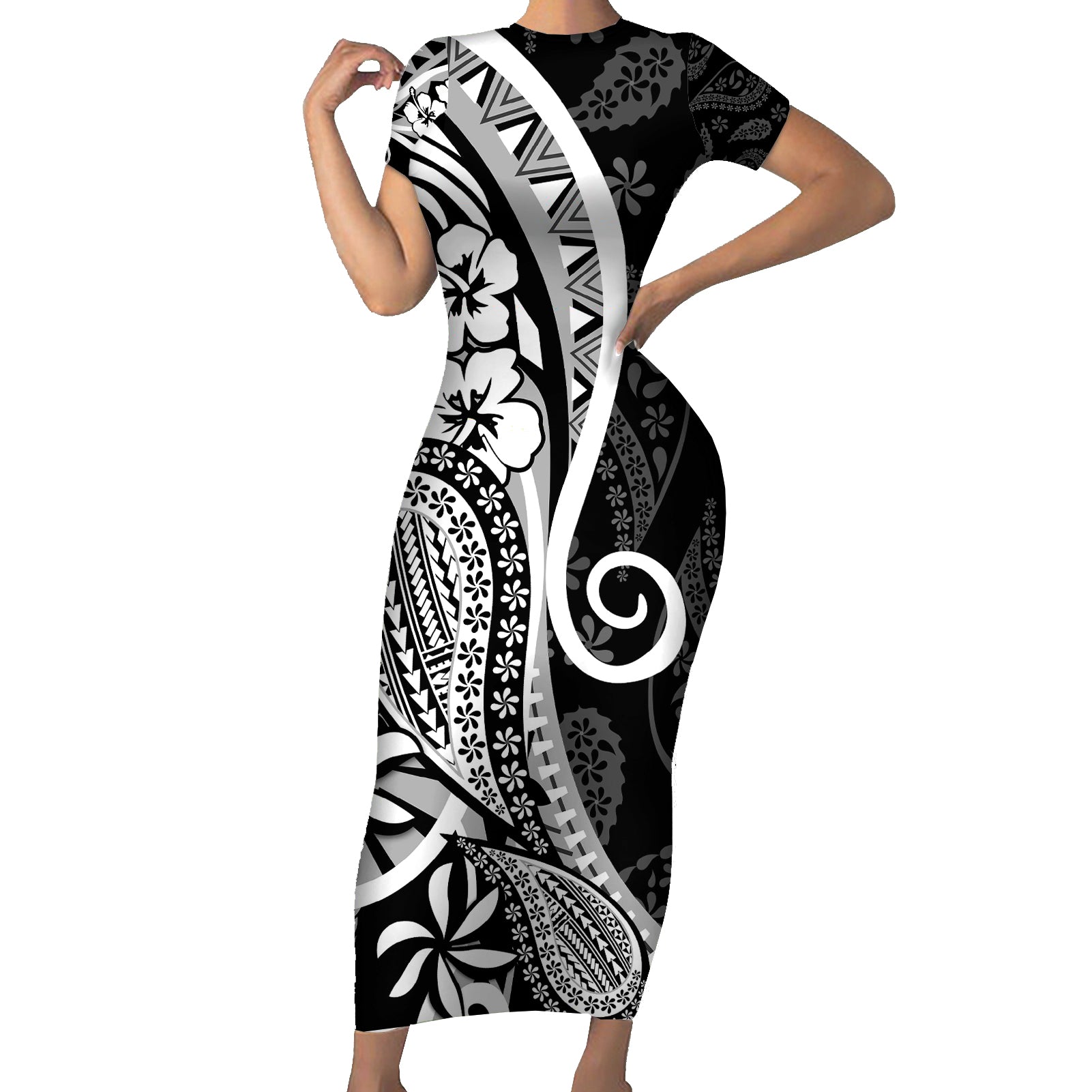 Black Polynesia Paisley Short Sleeve Bodycon Dress Polynesian With Tropical Flowers LT14 Long Dress Black - Polynesian Pride