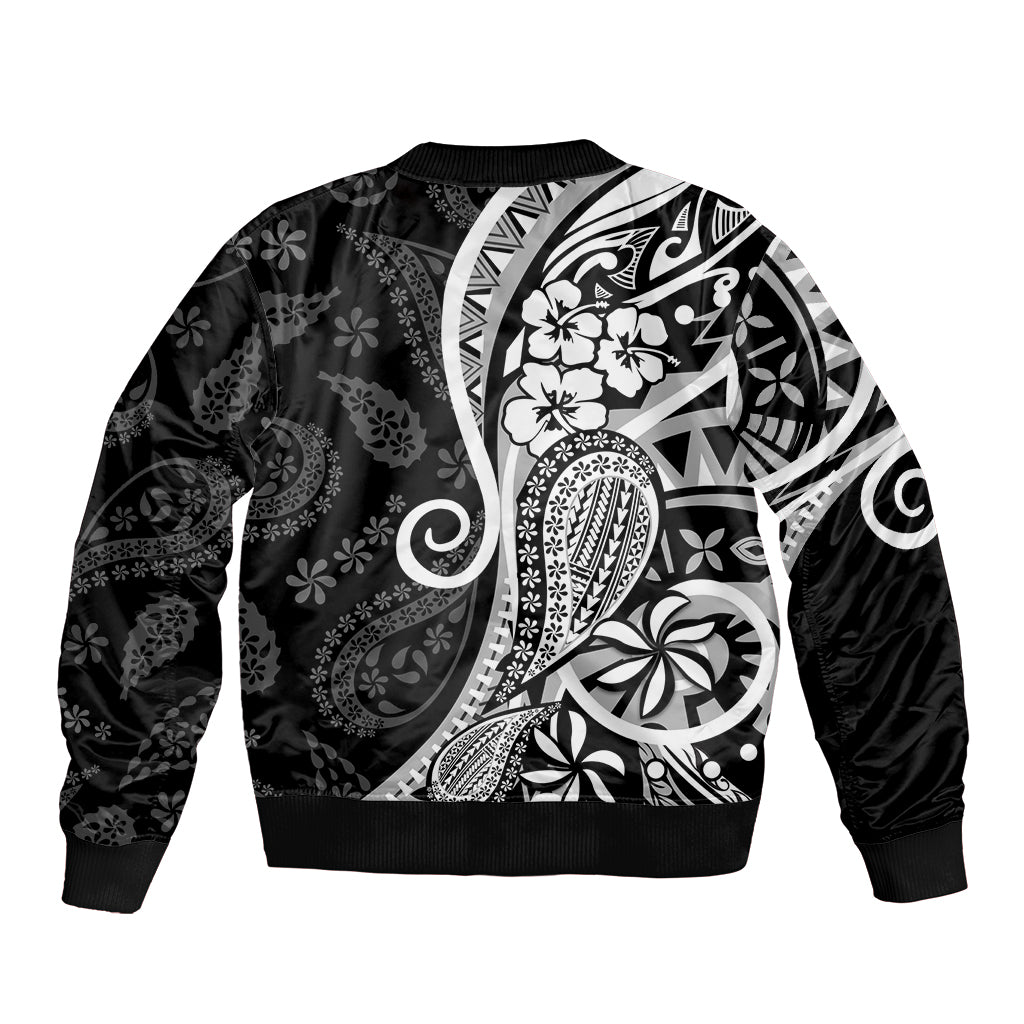 Black Polynesia Paisley Sleeve Zip Bomber Jacket Polynesian With Tropical Flowers LT14 - Polynesian Pride