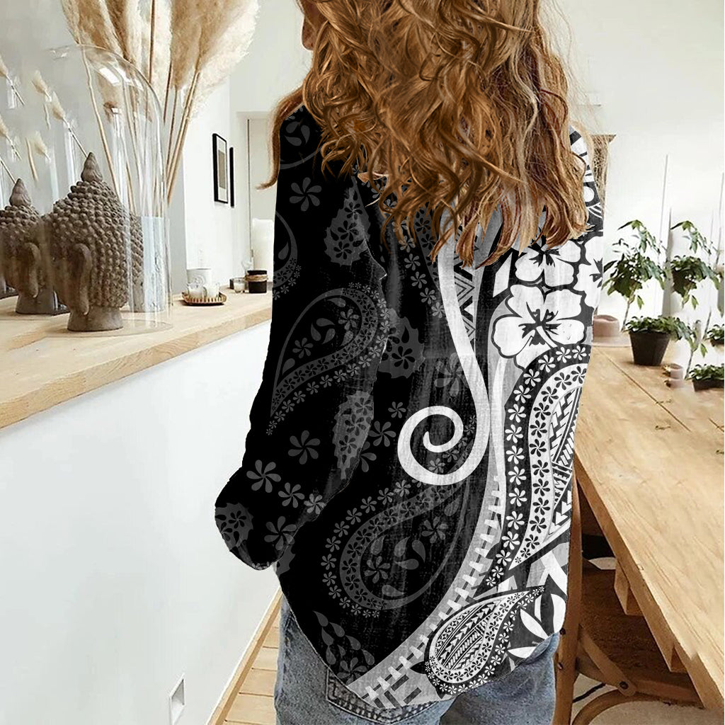 Black Polynesia Paisley Women Casual Shirt Polynesian With Tropical Flowers LT14 - Polynesian Pride