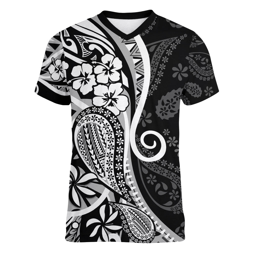 Black Polynesia Paisley Women V Neck T Shirt Polynesian With Tropical Flowers LT14 Female Black - Polynesian Pride