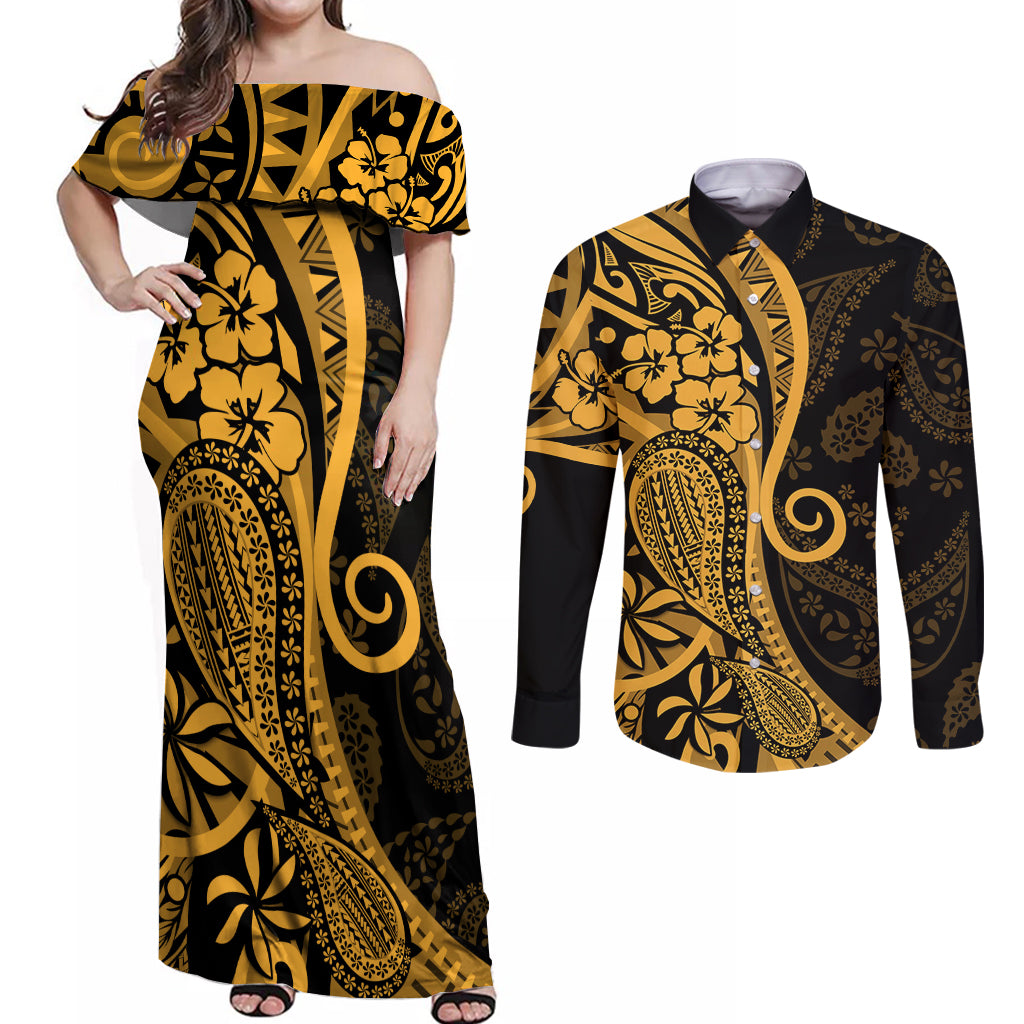 Gold Polynesia Paisley Couples Matching Off Shoulder Maxi Dress and Long Sleeve Button Shirt Polynesian With Tropical Flowers LT14 Gold - Polynesian Pride