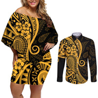 Gold Polynesia Paisley Couples Matching Off Shoulder Short Dress and Long Sleeve Button Shirt Polynesian With Tropical Flowers LT14 Gold - Polynesian Pride
