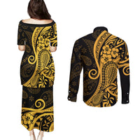 Gold Polynesia Paisley Couples Matching Puletasi Dress and Long Sleeve Button Shirt Polynesian With Tropical Flowers LT14 - Polynesian Pride