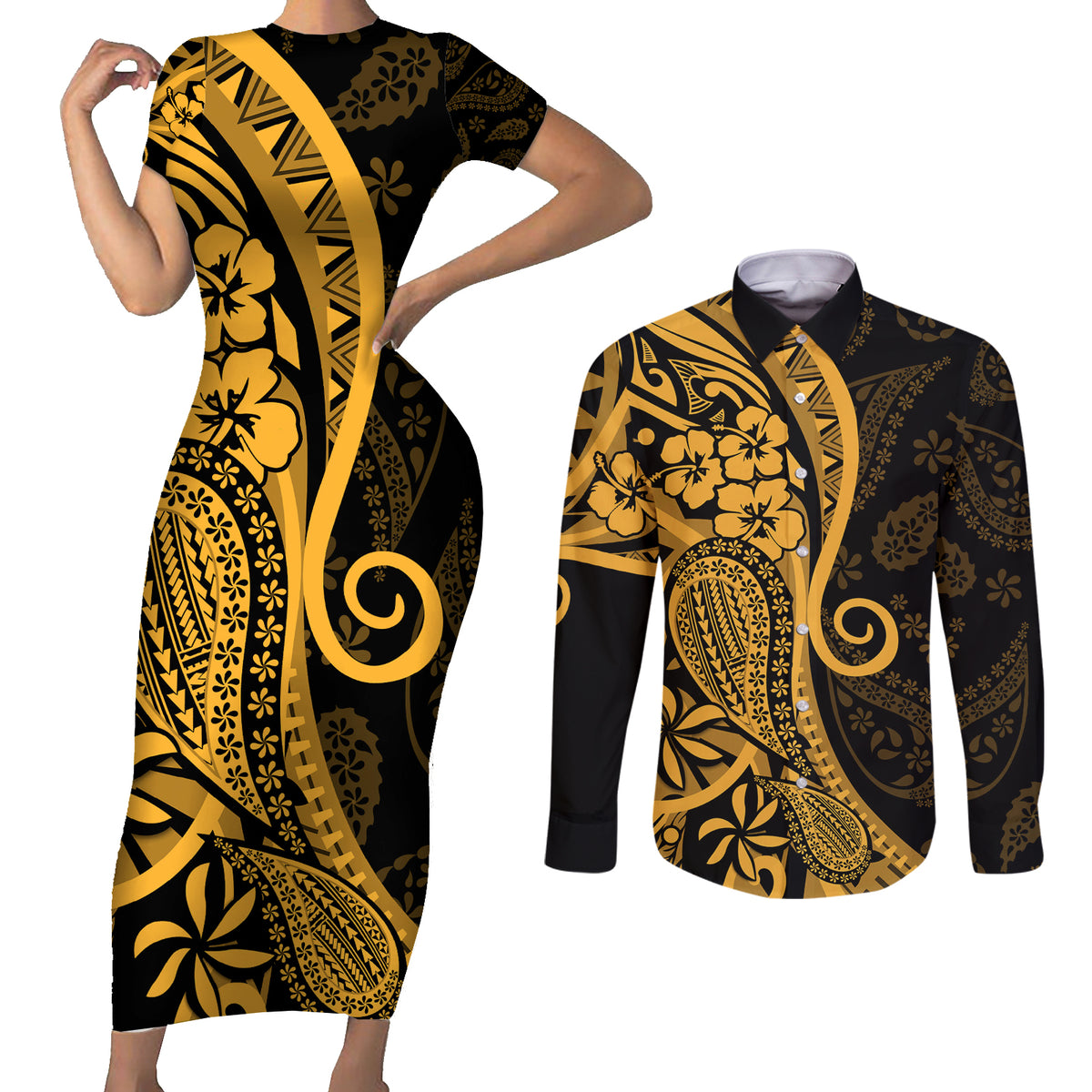 Gold Polynesia Paisley Couples Matching Short Sleeve Bodycon Dress and Long Sleeve Button Shirt Polynesian With Tropical Flowers LT14 Gold - Polynesian Pride
