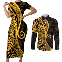 Gold Polynesia Paisley Couples Matching Short Sleeve Bodycon Dress and Long Sleeve Button Shirt Polynesian With Tropical Flowers LT14 Gold - Polynesian Pride