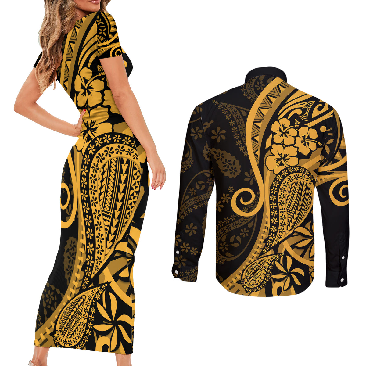 Gold Polynesia Paisley Couples Matching Short Sleeve Bodycon Dress and Long Sleeve Button Shirt Polynesian With Tropical Flowers LT14 - Polynesian Pride