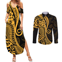 Gold Polynesia Paisley Couples Matching Summer Maxi Dress and Long Sleeve Button Shirt Polynesian With Tropical Flowers LT14 Gold - Polynesian Pride