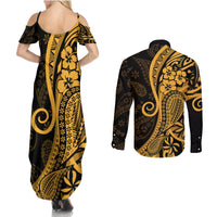 Gold Polynesia Paisley Couples Matching Summer Maxi Dress and Long Sleeve Button Shirt Polynesian With Tropical Flowers LT14 - Polynesian Pride