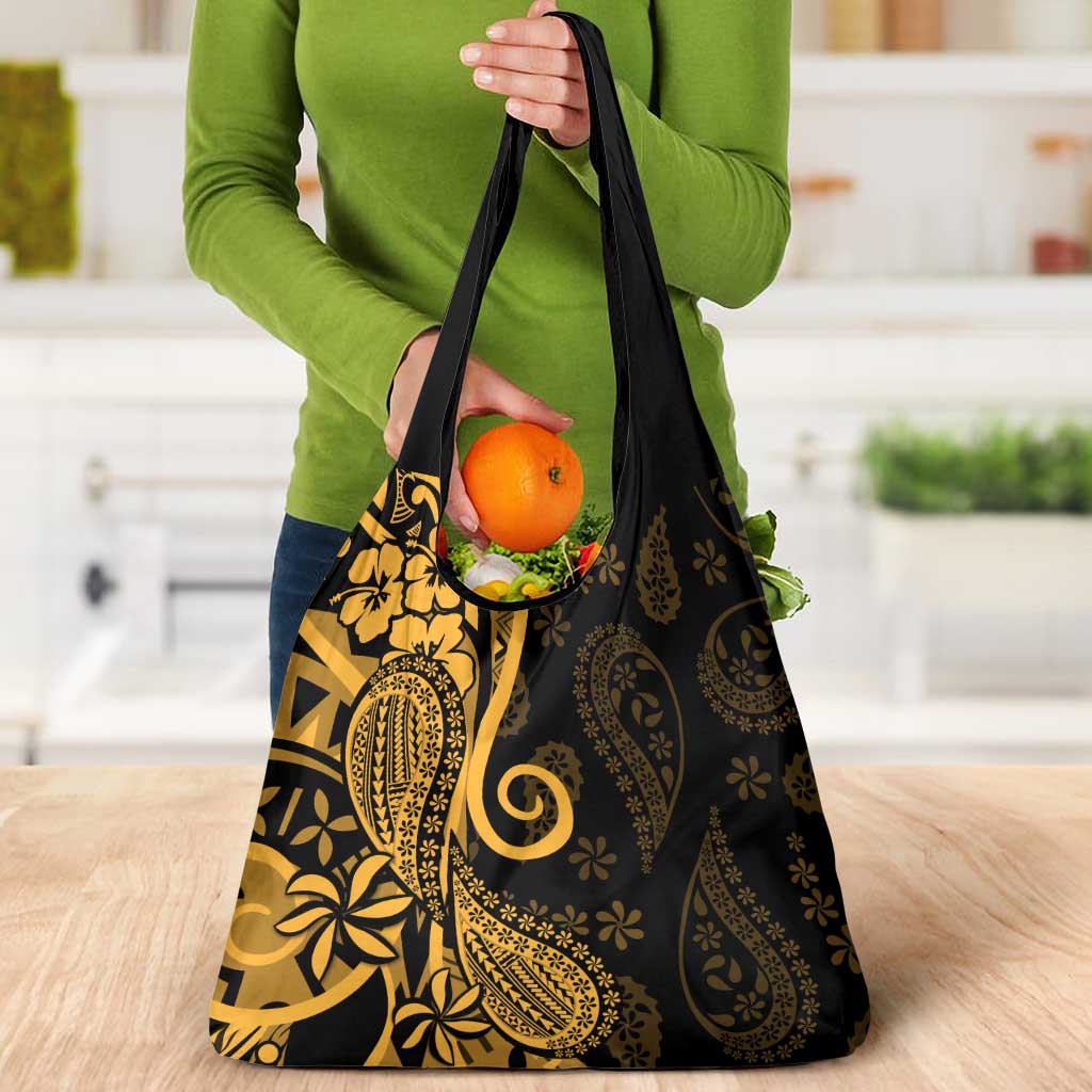 Gold Polynesia Paisley Grocery Bag Polynesian With Tropical Flowers