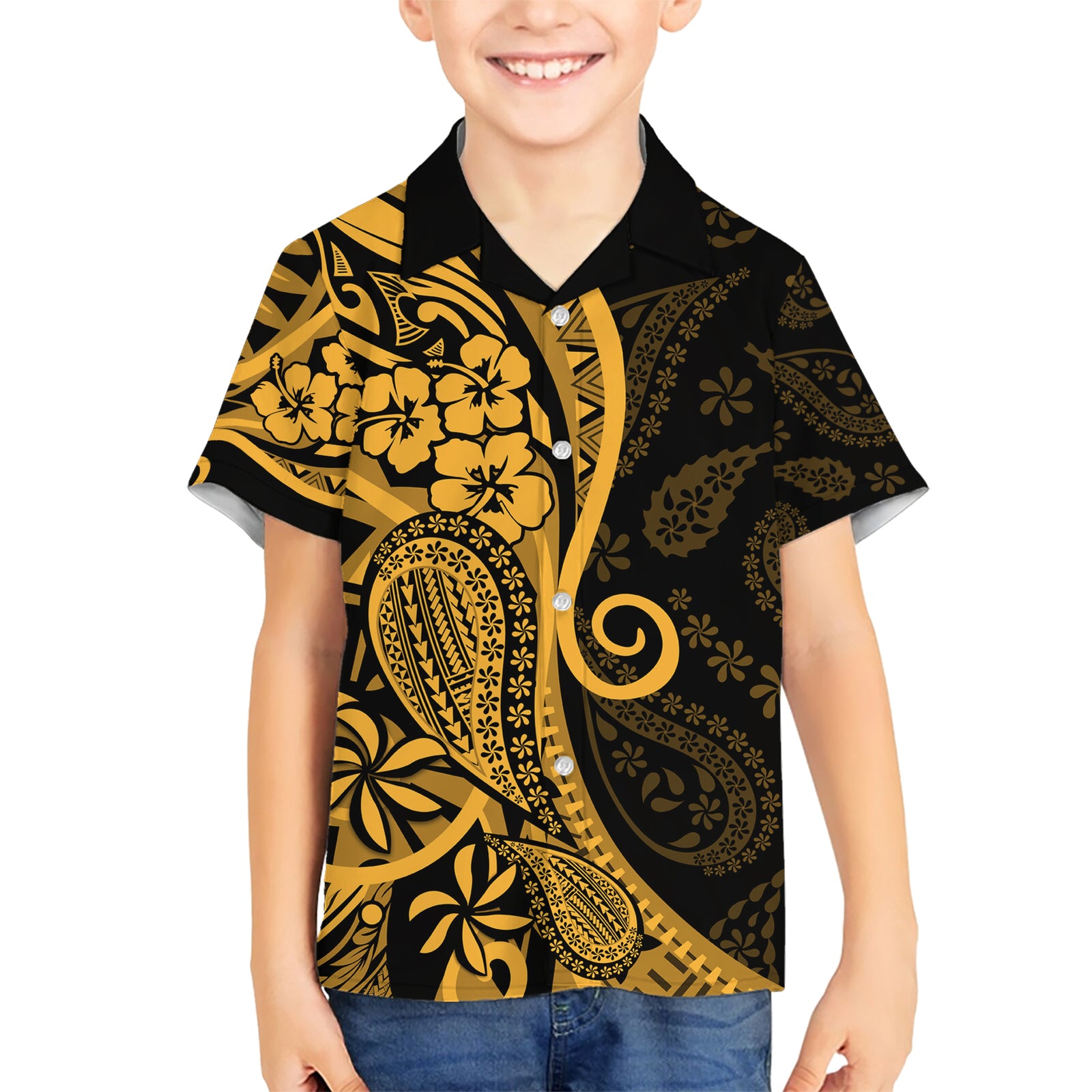 Gold Polynesia Paisley Kid Hawaiian Shirt Polynesian With Tropical Flowers LT14 Kid Gold - Polynesian Pride