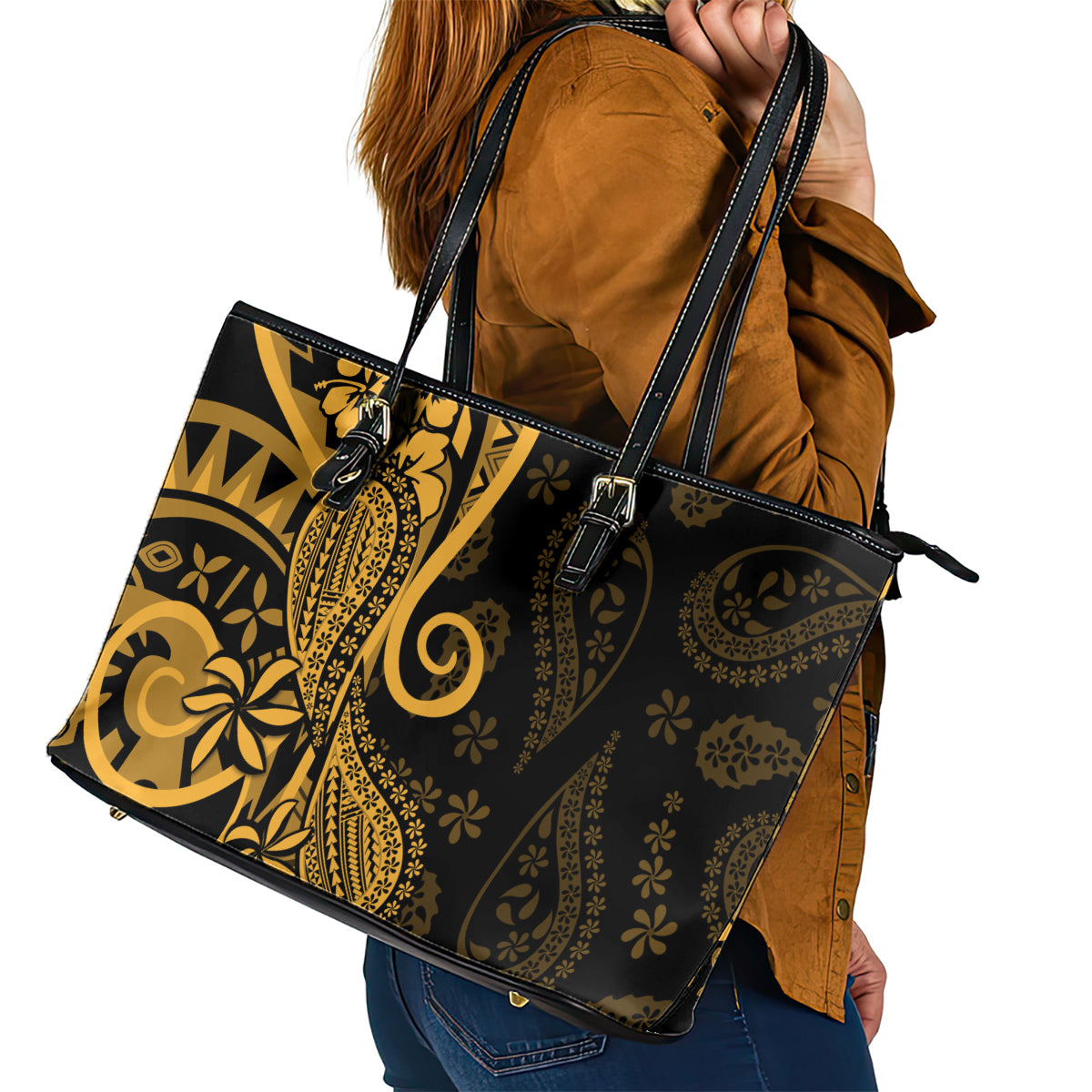 Gold Polynesia Paisley Leather Tote Bag Polynesian With Tropical Flowers LT14 - Polynesian Pride