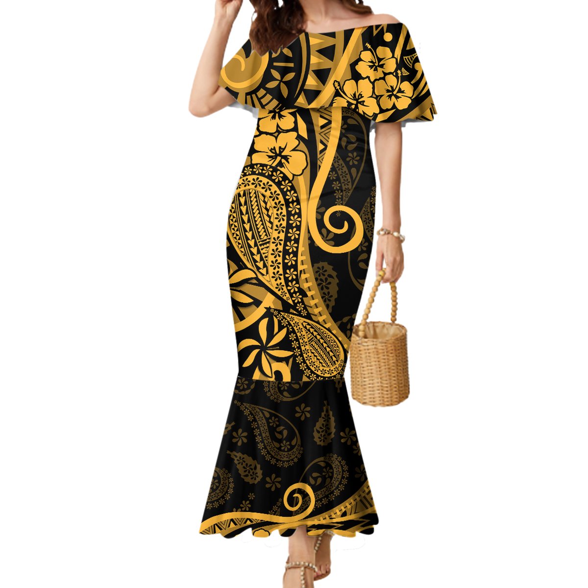 Gold Polynesia Paisley Mermaid Dress Polynesian With Tropical Flowers LT14 Women Gold - Polynesian Pride
