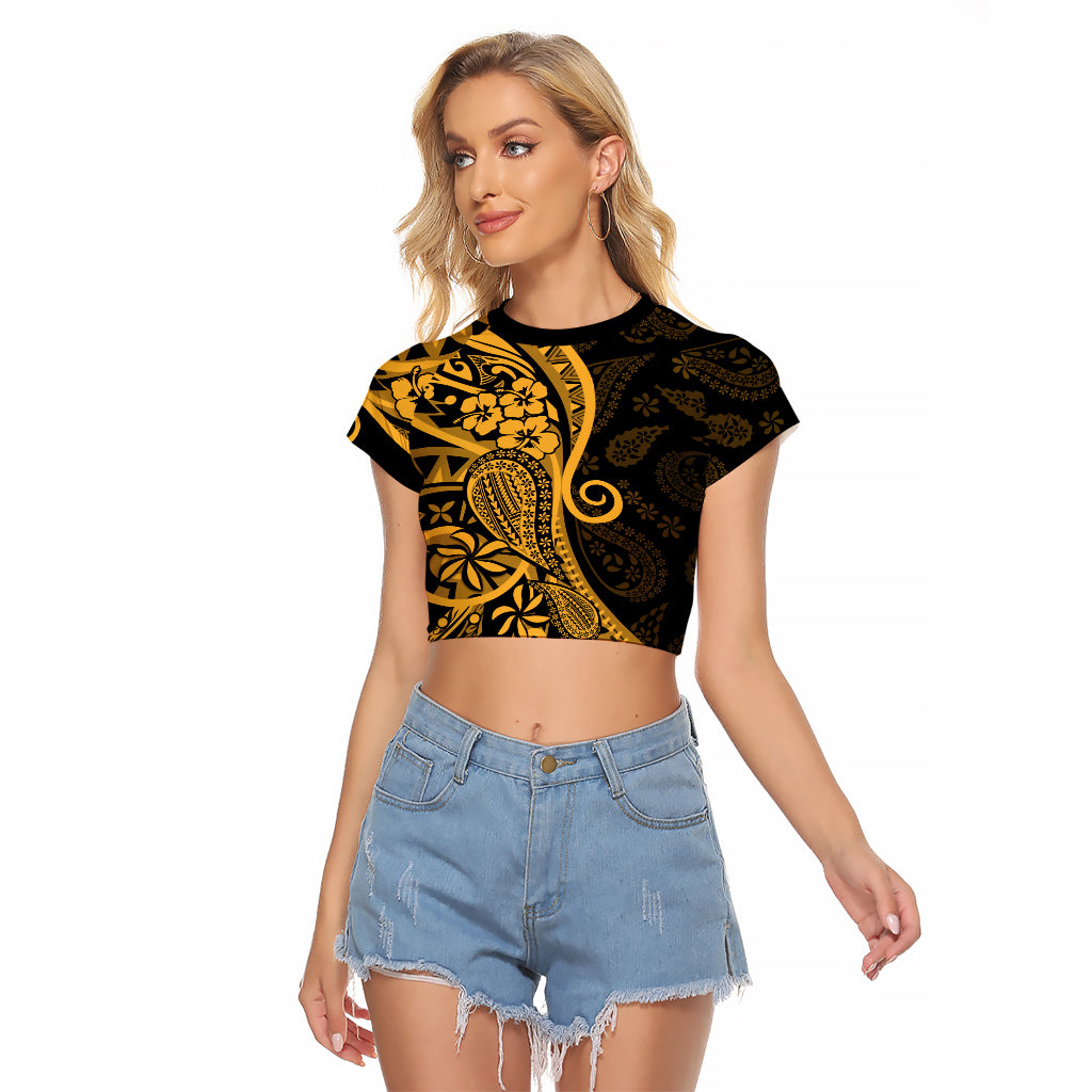Gold Polynesia Paisley Raglan Cropped T Shirt Polynesian With Tropical Flowers LT14 Female Gold - Polynesian Pride