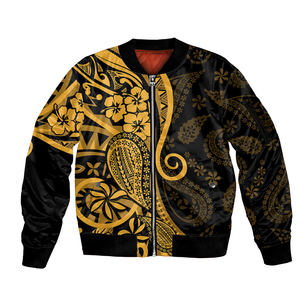 Gold Polynesia Paisley Sleeve Zip Bomber Jacket Polynesian With Tropical Flowers LT14 Unisex Gold - Polynesian Pride