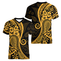 Gold Polynesia Paisley Women V Neck T Shirt Polynesian With Tropical Flowers LT14 - Polynesian Pride