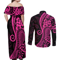 Pink Polynesia Paisley Couples Matching Off Shoulder Maxi Dress and Long Sleeve Button Shirt Polynesian With Tropical Flowers LT14 - Polynesian Pride
