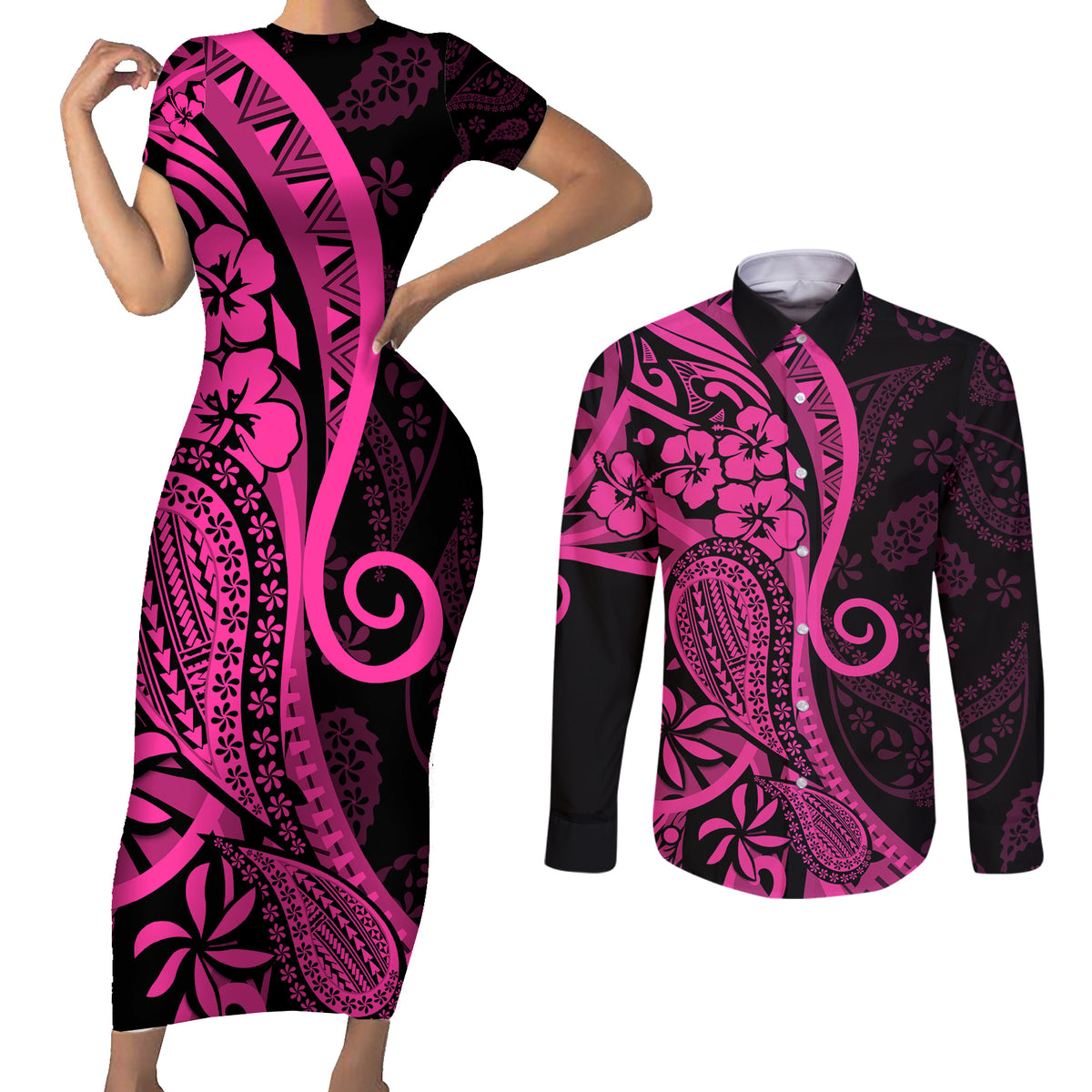 Pink Polynesia Paisley Couples Matching Short Sleeve Bodycon Dress and Long Sleeve Button Shirt Polynesian With Tropical Flowers LT14 Pink - Polynesian Pride