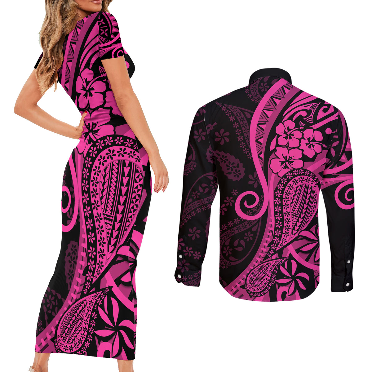 Pink Polynesia Paisley Couples Matching Short Sleeve Bodycon Dress and Long Sleeve Button Shirt Polynesian With Tropical Flowers LT14 - Polynesian Pride