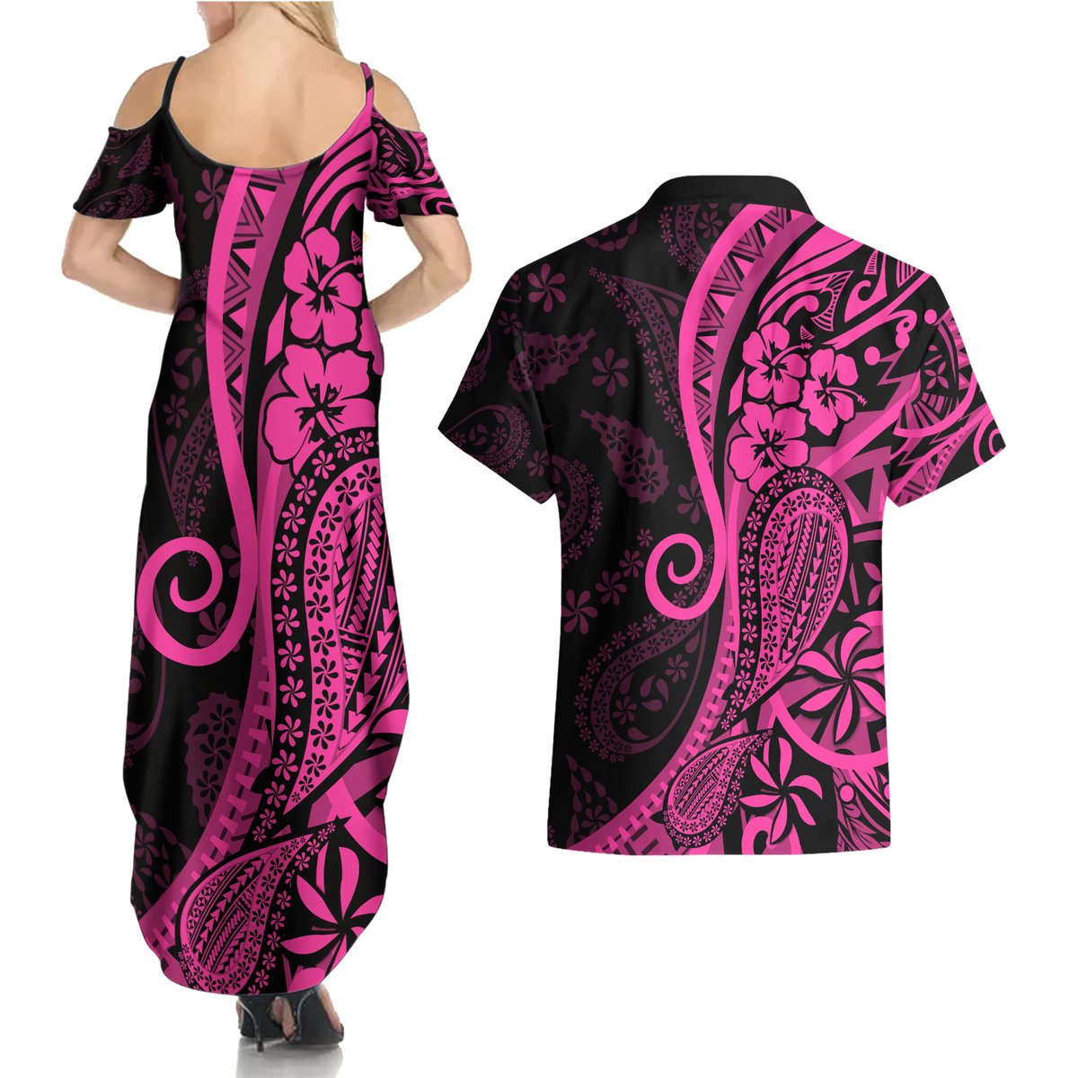 Pink Polynesia Paisley Couples Matching Summer Maxi Dress and Hawaiian Shirt Polynesian With Tropical Flowers LT14 - Polynesian Pride