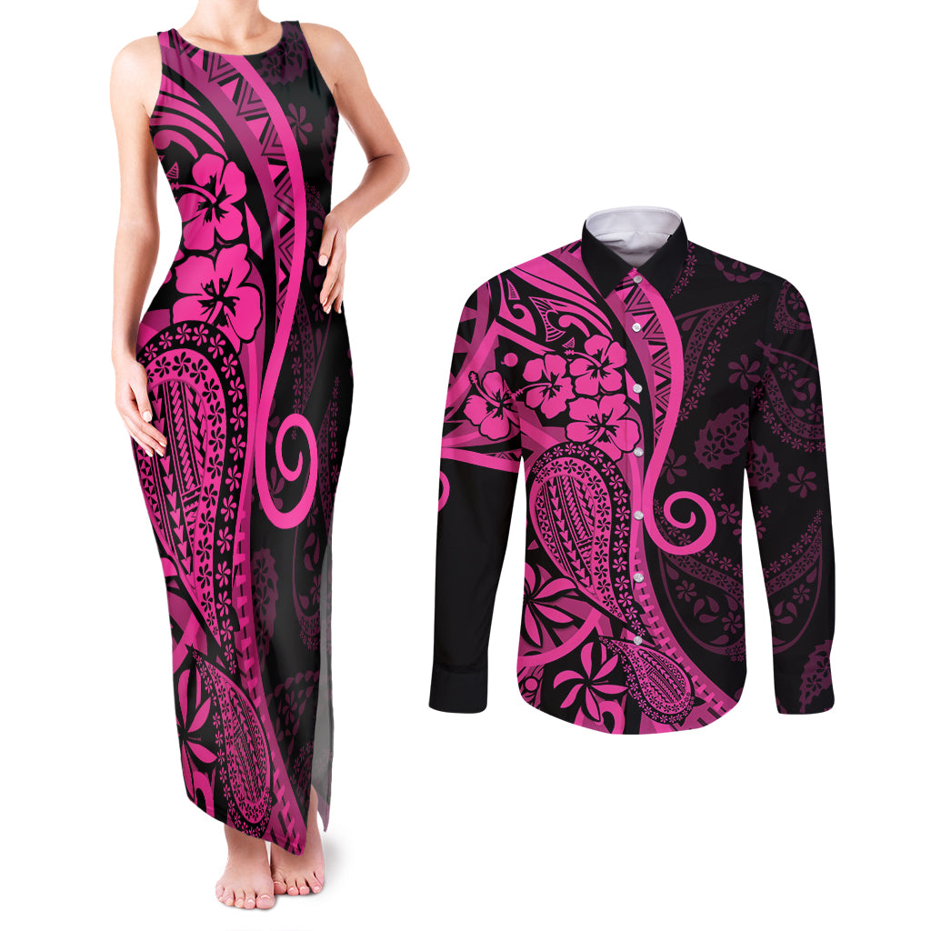 Pink Polynesia Paisley Couples Matching Tank Maxi Dress and Long Sleeve Button Shirt Polynesian With Tropical Flowers LT14 Pink - Polynesian Pride