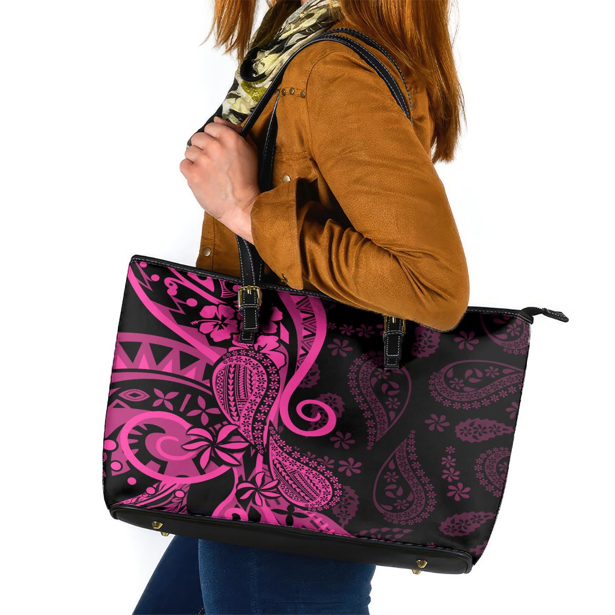 Pink Polynesia Paisley Leather Tote Bag Polynesian With Tropical Flowers LT14 Pink - Polynesian Pride