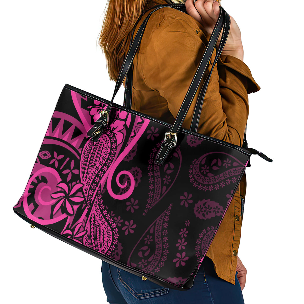 Pink Polynesia Paisley Leather Tote Bag Polynesian With Tropical Flowers LT14 - Polynesian Pride