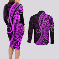 Polynesia Paisley Couples Matching Long Sleeve Bodycon Dress and Long Sleeve Button Shirt Polynesian With Tropical Flowers - Purple LT14 - Polynesian Pride