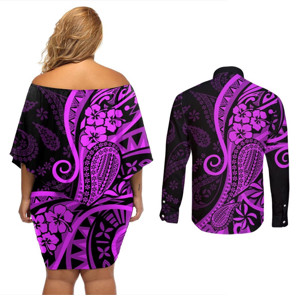 Polynesia Paisley Couples Matching Off Shoulder Short Dress and Long Sleeve Button Shirt Polynesian With Tropical Flowers - Purple LT14 - Polynesian Pride